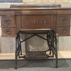 Antique White Rotary Treadle Sewing Machine Cabinet