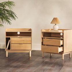 New Pair of Mid Century Modern Solid Wood 2 Drawer Nightstand with Storage(New In A Box)