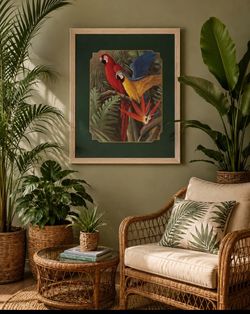 Beautiful picture of colorful parrots and birds of paradise.
