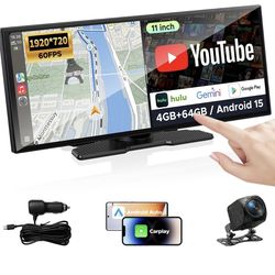 11" AI Wireless CarPlay Screen with Gemini & Google-Play, 8-Core Zero Lag, Android Auto, Built-in GPS, 1920x720 IPS 60FPS Touchscreen,OTA, Plug & Play