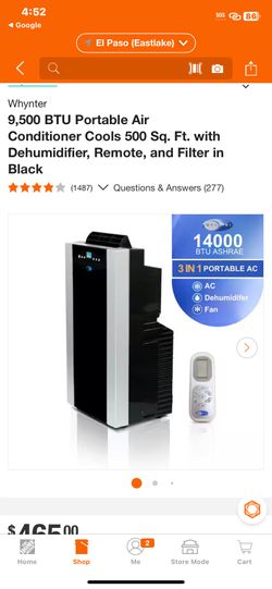 Whynter 9,500 BTU Portable Air Conditioner Cools 500 Sq. Ft. with Dehumidifier, Remote, and Filter in Black