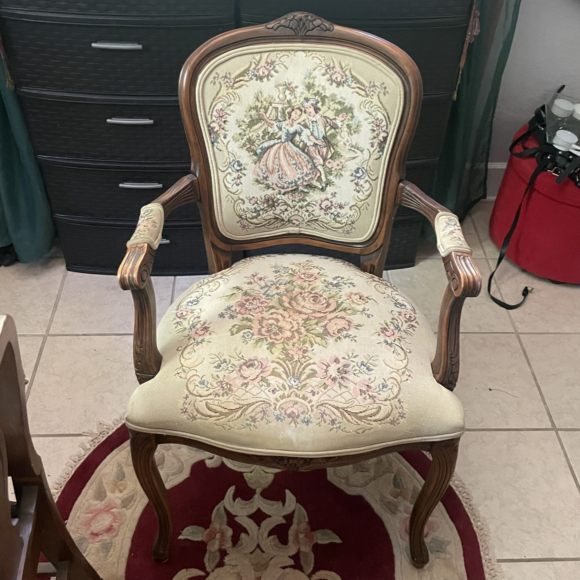 Vintage antique accent chair ft Victorian couple & floral details. tapestry fabric on wood AVAILABLE