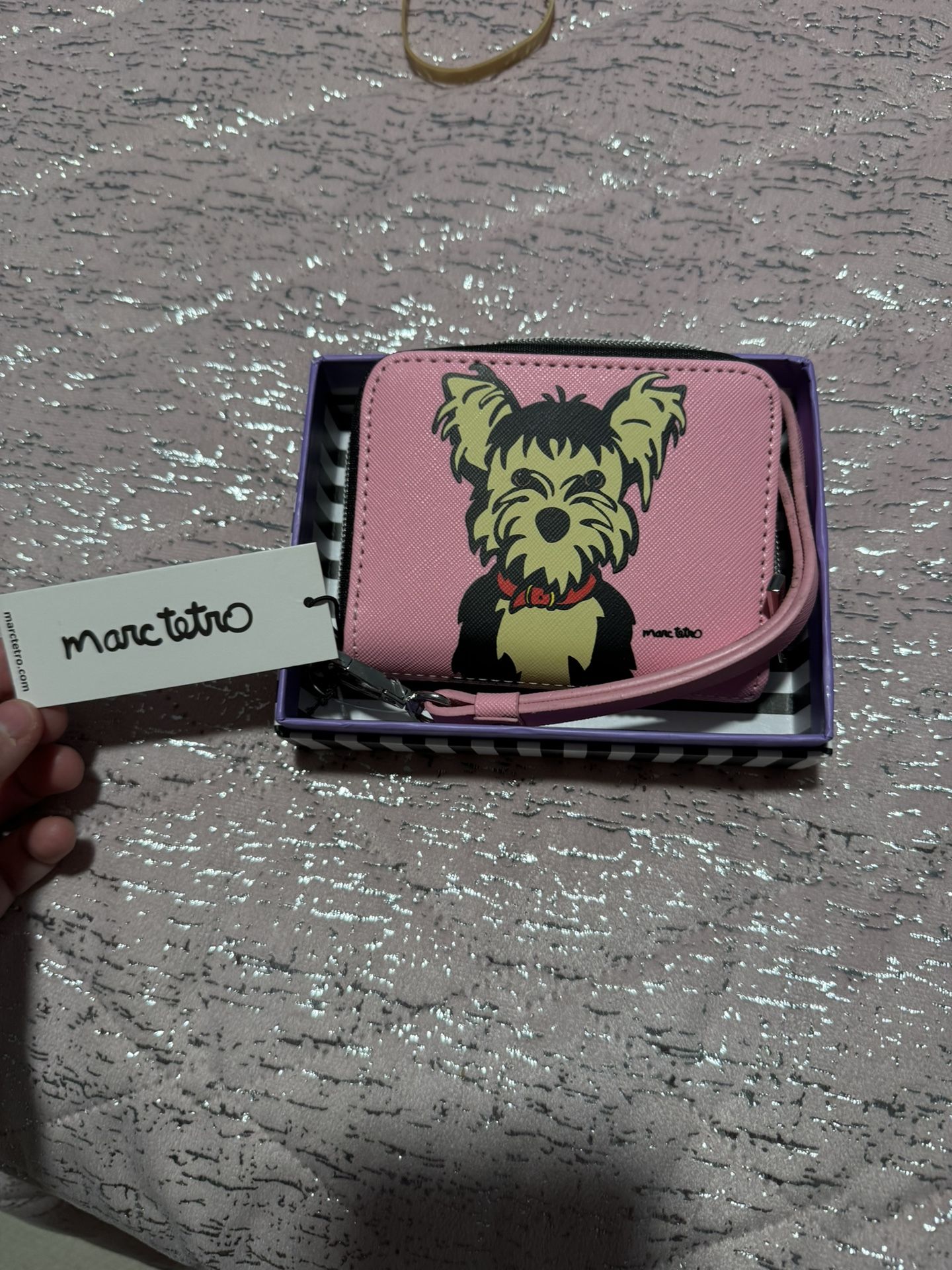 New Marc Tetro Pink Black White Yorkie Dog Wallet Wristlet