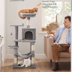 Cat Tree, 44.1-Inch Cat Tower for Indoor Cats, Multi-Level Cat Condo with 4 Scratching Posts, 2 Perches, Hammock, Cave, Light Gray UPCT261W01