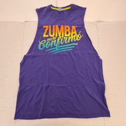 Pre Owned Excellent  Custom Cut Sleeveless  Zumba Wear Dance Fitness Instructor  Tank Top  “ Zumba Me Lo Confirmo “ Printed  Purple  Men  Size Medium 