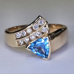 Gold Diamond Cluster Aquamarine Ring #13870