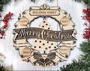Personalized Laser-Cut Wood Christmas Wreath Sign