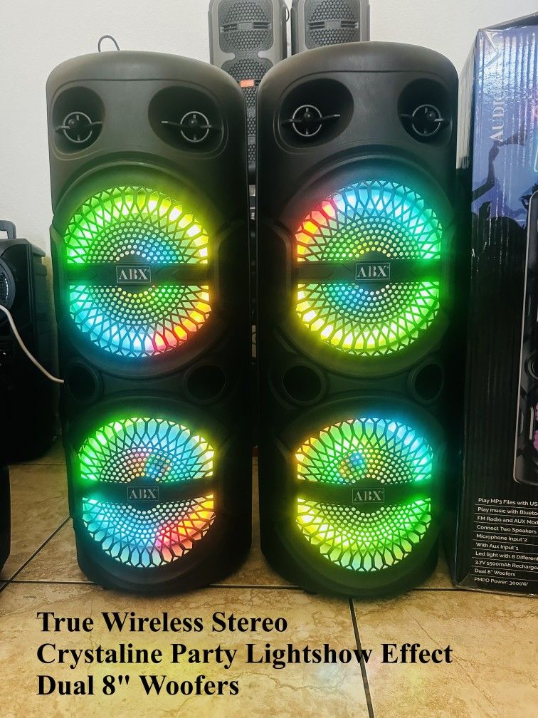 Dual 8-inch stereo party-light speakers that move with you