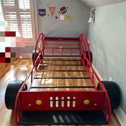 Twin-Size Car-Shaped Metal Bed Frame with Shelf