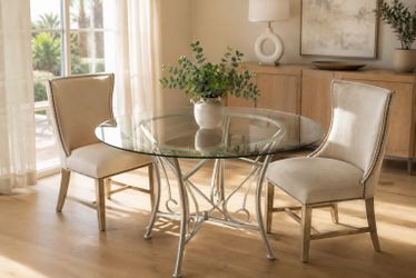 Round Glass Dining Table with Silver Wrought Iron Base