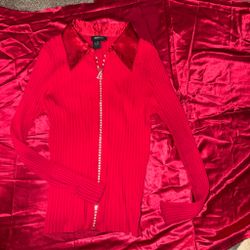 Radzoli Red Ribbed Zip-Up Top