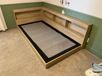 Twin bed frame with storage, box spring, and dresser