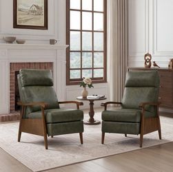 Navy Cowhide Leather Armchair Manual Push Back Wooden Recliner Chair for Living Room (Set of 2)