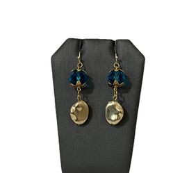 Handmade Gold Tone Blue Glass Bead Dangle Earrings Chunky Nugget Drop Chic
