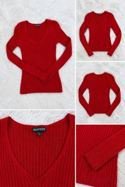 Express Red Ribbed V-Neck Knit Sweater | Size M