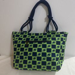 Stylish Green and Blue Tote Bag with Zipper, and multiple Pockets.