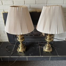 2 Brass Lamps w/cream Pleated Shades