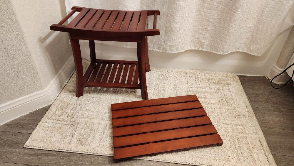 2 Pcs Bamboo Shower Bench and Mat Set, Bath Stool Seat with Storage Towel Shelf 22" x 13" x 18.6" and Shower Mat Nonslip 21.26'' x 14.17'' x 1.3'' Sui