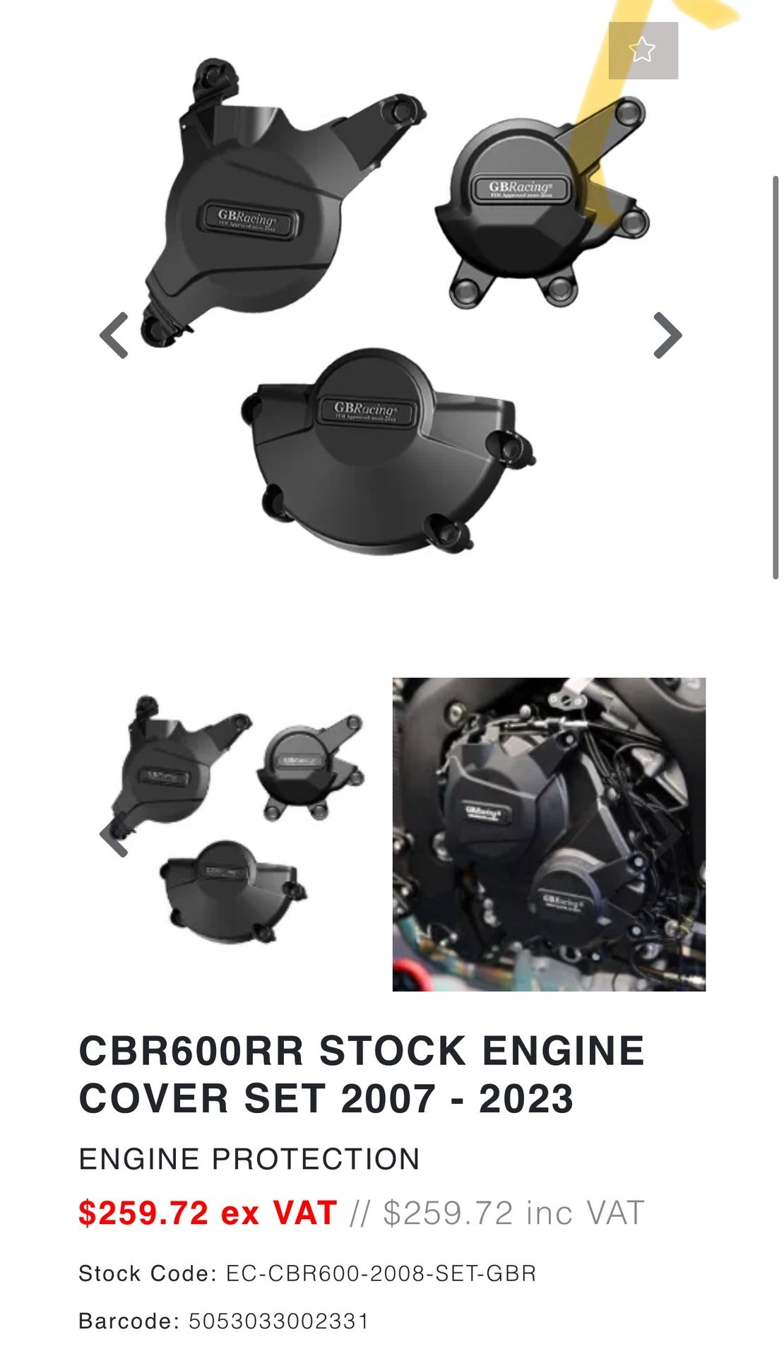 GB RACING STOCK ENGINE COVER PROTECTION KIT FOR HONDA CBR 600 RR 2007-2023