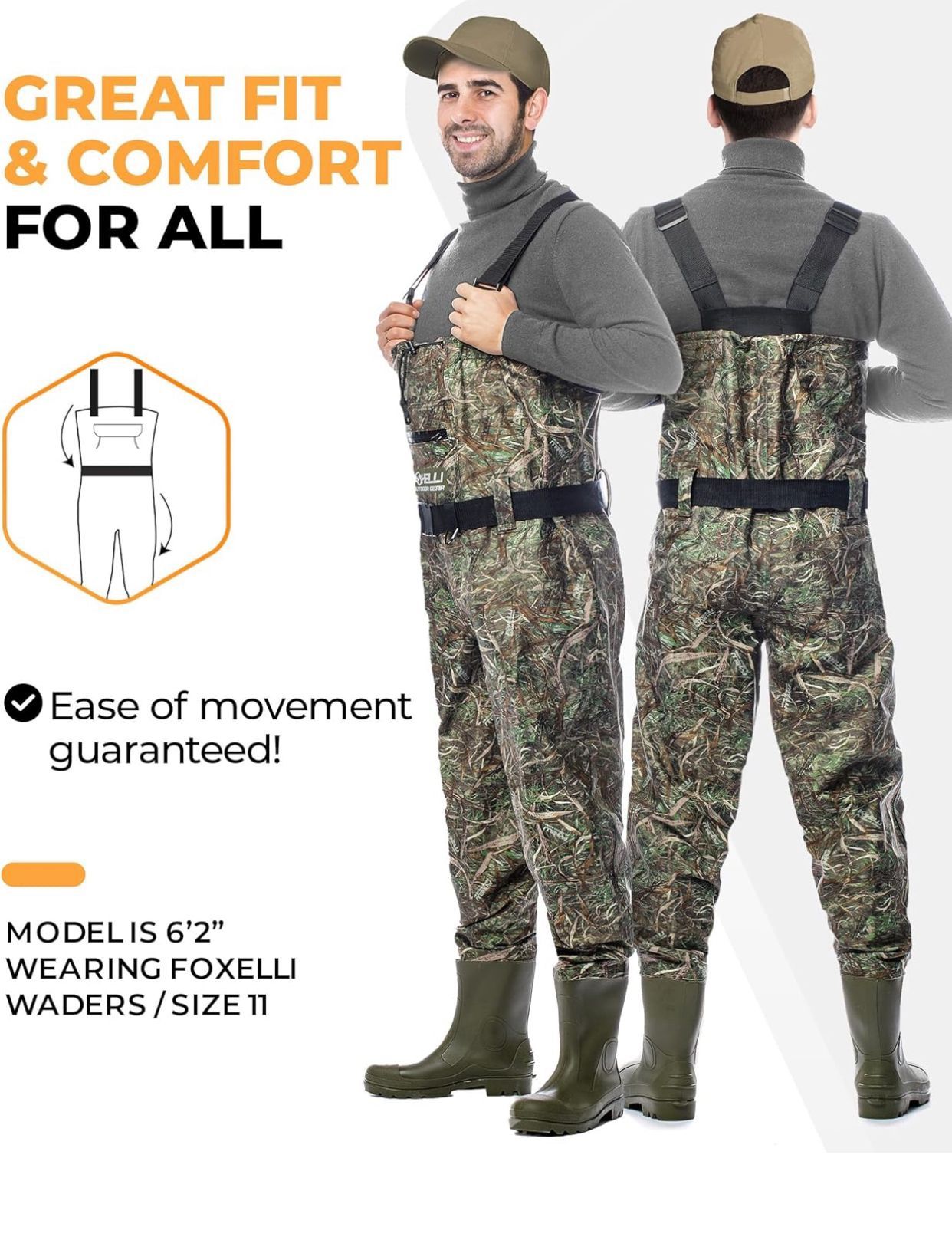 Foxelli Chest Waders – Camo Hunting Fishing Waders for Men and Women with Boots, 2-ply Nylon/PVC Waterproof Bootfoot Waders Size 11