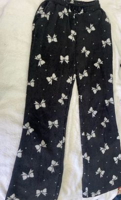 Women’s Size Small Black Plush Fleece Bow Print Lounge Pajama Pants Cozy Soft