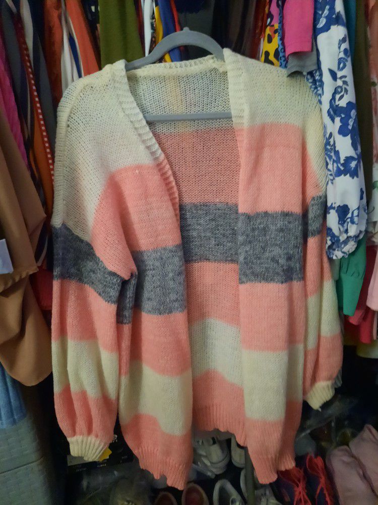 Ivory, Pink And Grey Open Front Sweater