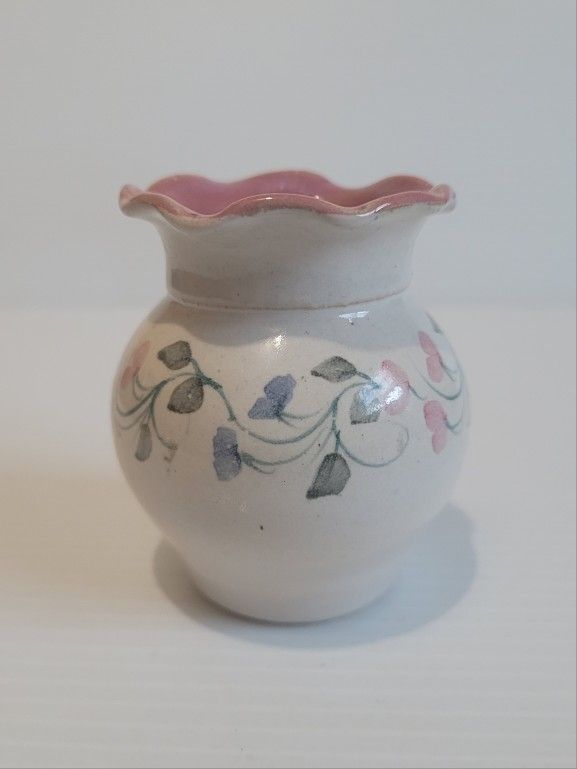 Mini Vintage Porcelain Miniature Vase Hand Painted White/Pink 1989 ~ Signed