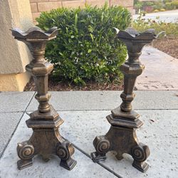 Pair of Imported Italian Vintage 20” Bronze Ornate Candle Holders