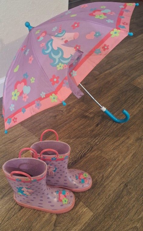 Purple Unicorn Rain Boots & Matching Umbrella Girls Size 10