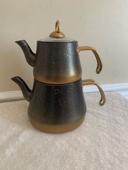 OMS Granite Turkish Double Teapot Set Black & Gold,Tea Kettle Set Induction Safe