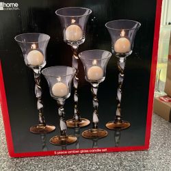 5 Piece Amber Glass Candle Holder Set