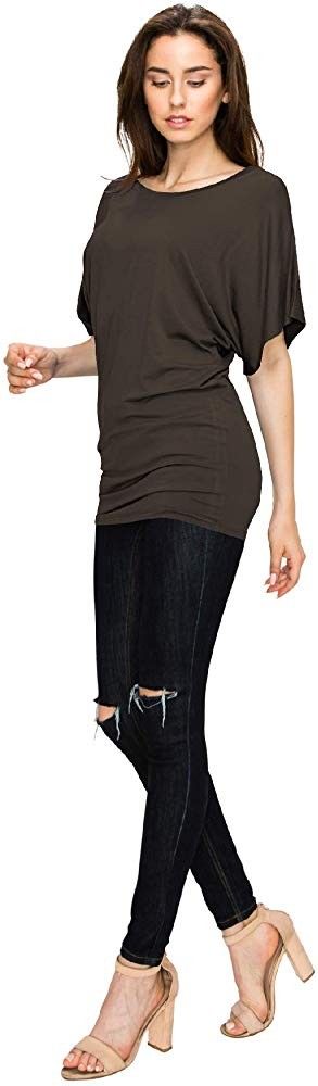 Lock and Love Women's Solid Short Sleeve Boat Crew Neck V Neck Dolman Top (small)