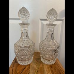 2 Diamond Cut Glass whiskey/wine decanters 12” with stoppers