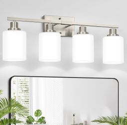 Brand New Classic Vanity Lights, Modern Bathroom Vanity Light with Textured Frosted Opal White Glass Shades, Brushed Nickel, 4-Light