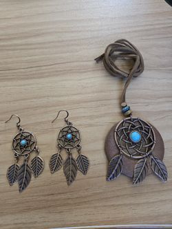 Bohemian Dreamcatcher Earrings Necklace Jewelry Set Vintage Bronze & Green NEW