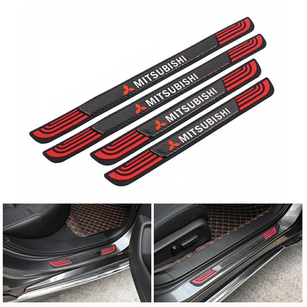 BRAND NEW 4PCS MITSUBISHI UNIVERSAL RED RUBBER DOOR SCUFF SILL WITH REAL CARBON FIBER EMBLEM