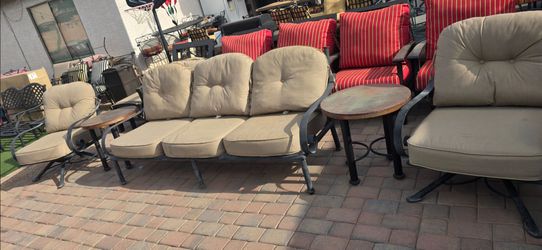 $1400  ARIZONA IRON BIG SET 3 SEATER COUCH AND 2 BIG SWIVEL AND ROCKING CHAIRS AND 2 TABLES WITH SUNBRELLA CUSHIONS