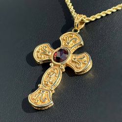 Jewelry 14k Hollow Yellow Gold Colored Red Ruby 2.00CT Cross Religious Pendant charm