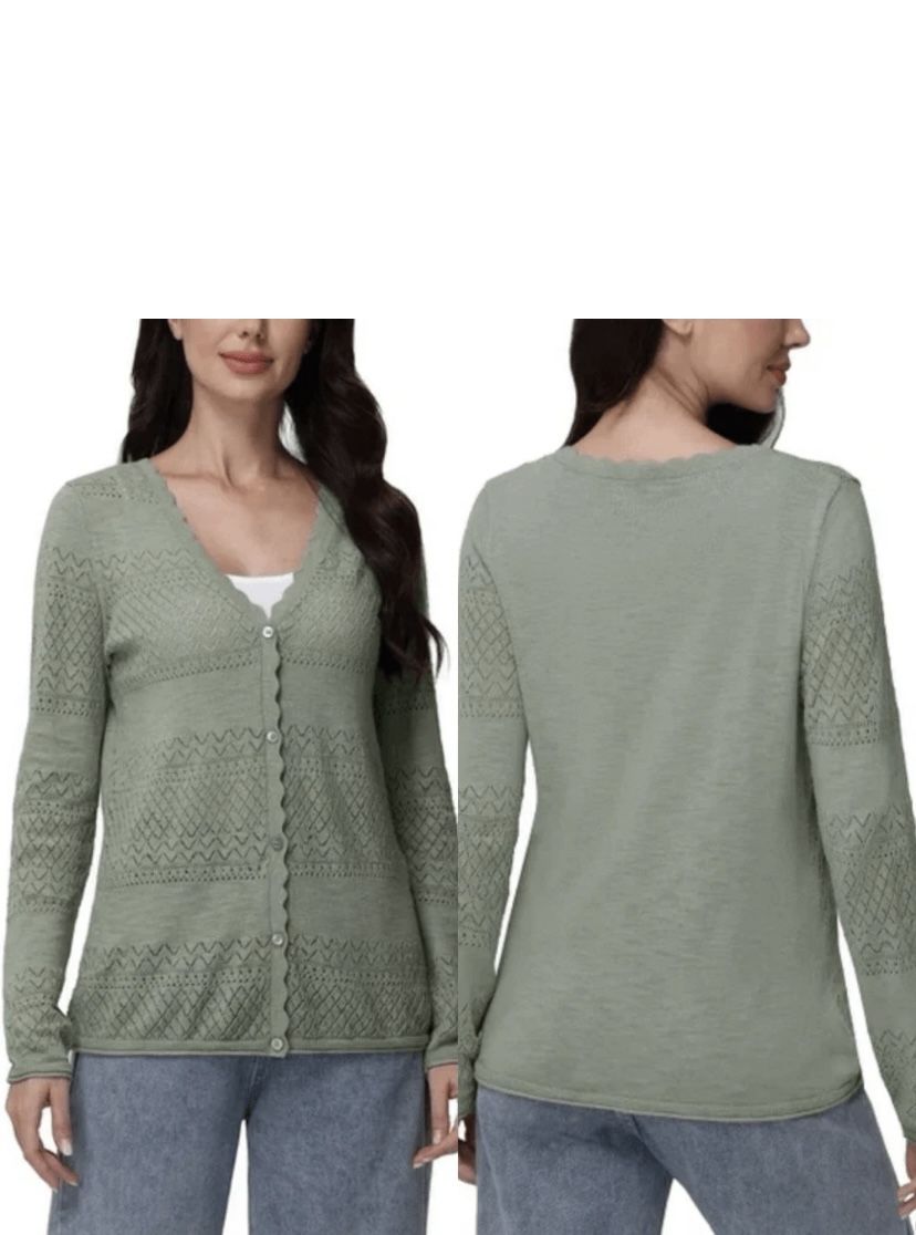 Frye Womens Cardigan Green Sweater Pointelle Long Sleeves Soft Cotton