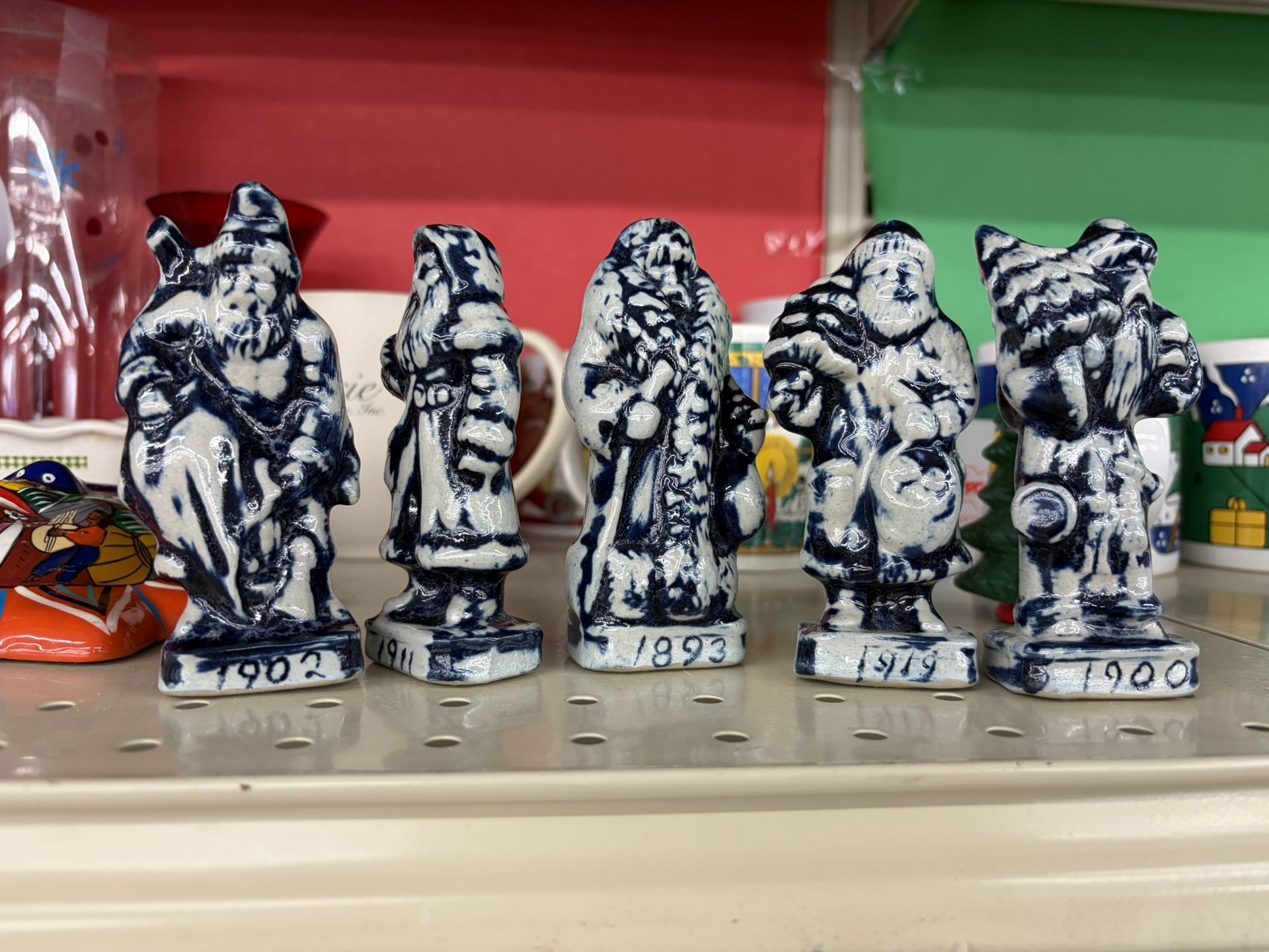 5 Clay City Pottery CCP Stoneware Santa Claus w/ dates. Cobalt Blue Salt Glaze 4-1/8". Vintage.