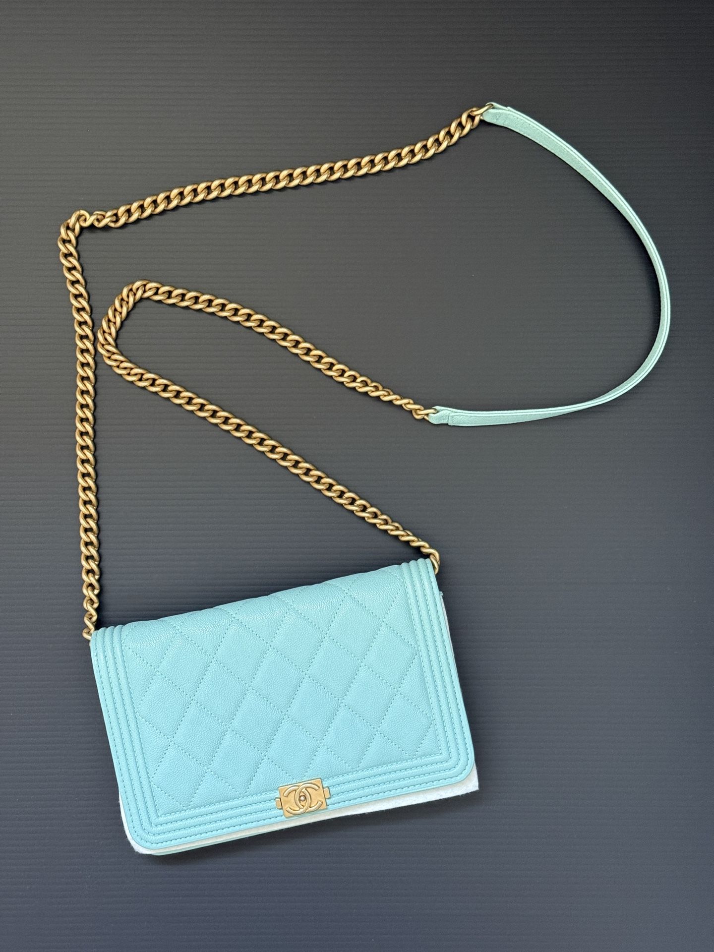 100% AUTHENTIC Tiffany Blue Chanel Boy WOC Quilted Caviar on GHW Wallet on Chain