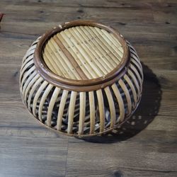 Vintage Mid Century Modern Rattan Stool Pouf Ottoman