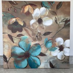 Floral Canvas Art Print - White And Turquoise