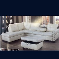 White Leather Sectional Couch With Drop Down Table 