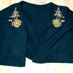 Vintage Hand Beaded Gold Roses Lightweight Cardigan size Woman's Large 