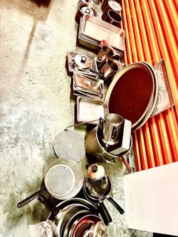 Commercial restaurant stainless steel pots pans, warming trays, pitchers strainers utensils etc.
