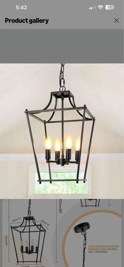 Black Lantern Pendant Light 4-Light Pendant Light Fixtures Hanging Farmhouse Chandelier with E12 Bulb Base, 12" Adjustable Lantern Light Fixture for D