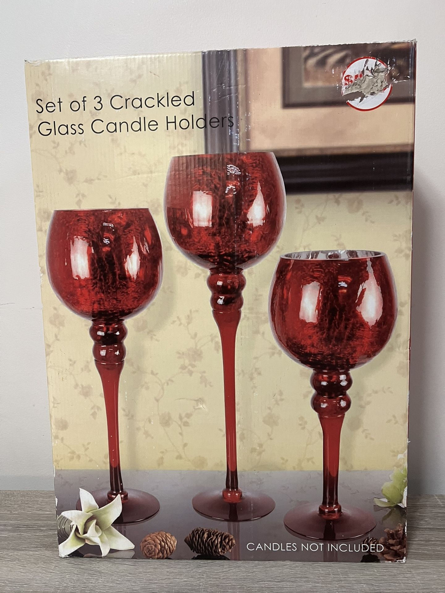 New Red Set Of 4 Crackled Glass Candle Holders