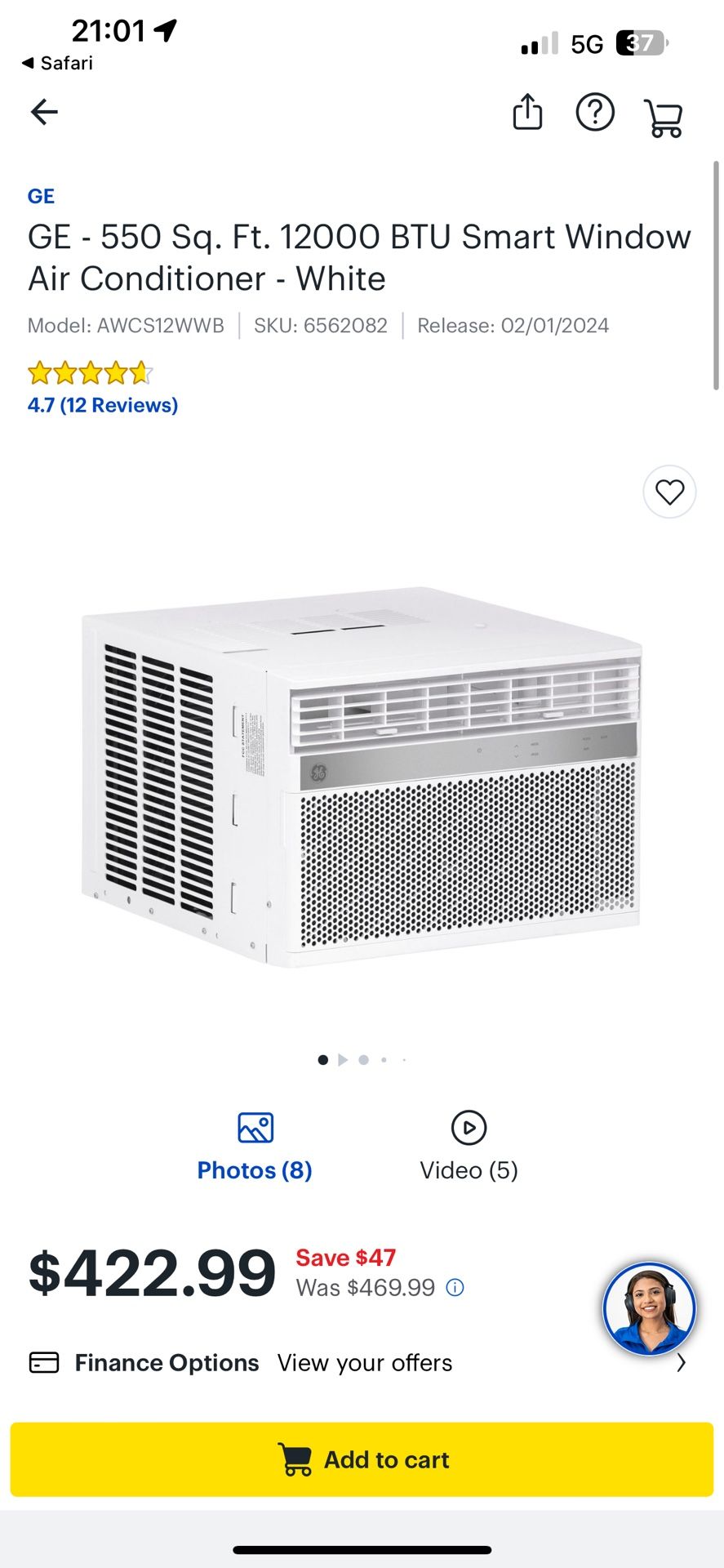 12000 BTU Smart Window Air Conditioner - White - GE