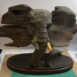 1986 Artist Rick Cain The Elder Elephant Resin Wood Carved Sculpture